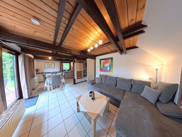 Gemütliches Wohnzimmer mit Sofa und Essplatz